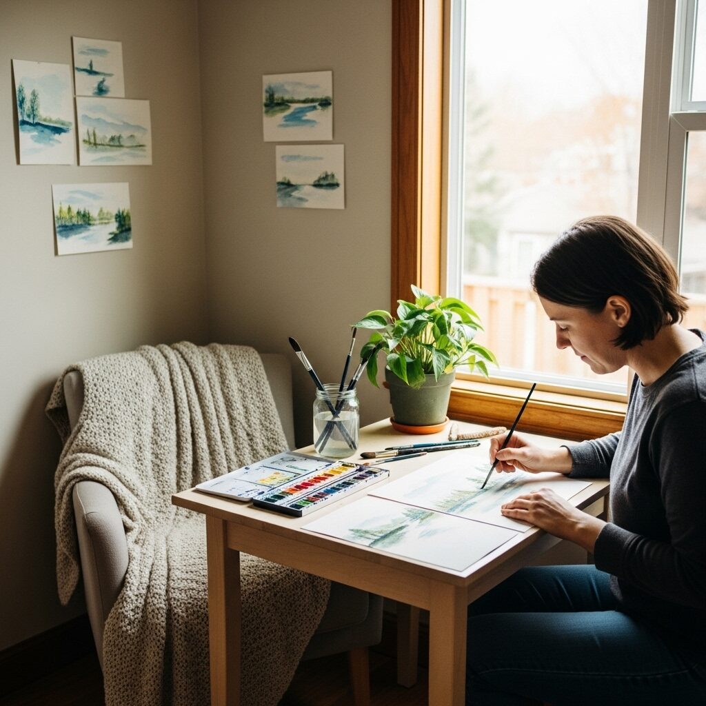Person painting in a simple home art space with natural lighting, demonstrating accessible art for mental health practice