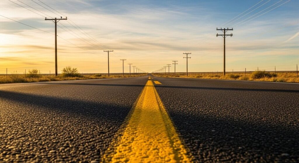 Mastering Perspective: A Beginner's Guide with a Fun Web Tool 3 A photograph showing one-point perspective with a road and telephone poles converging in the distance.