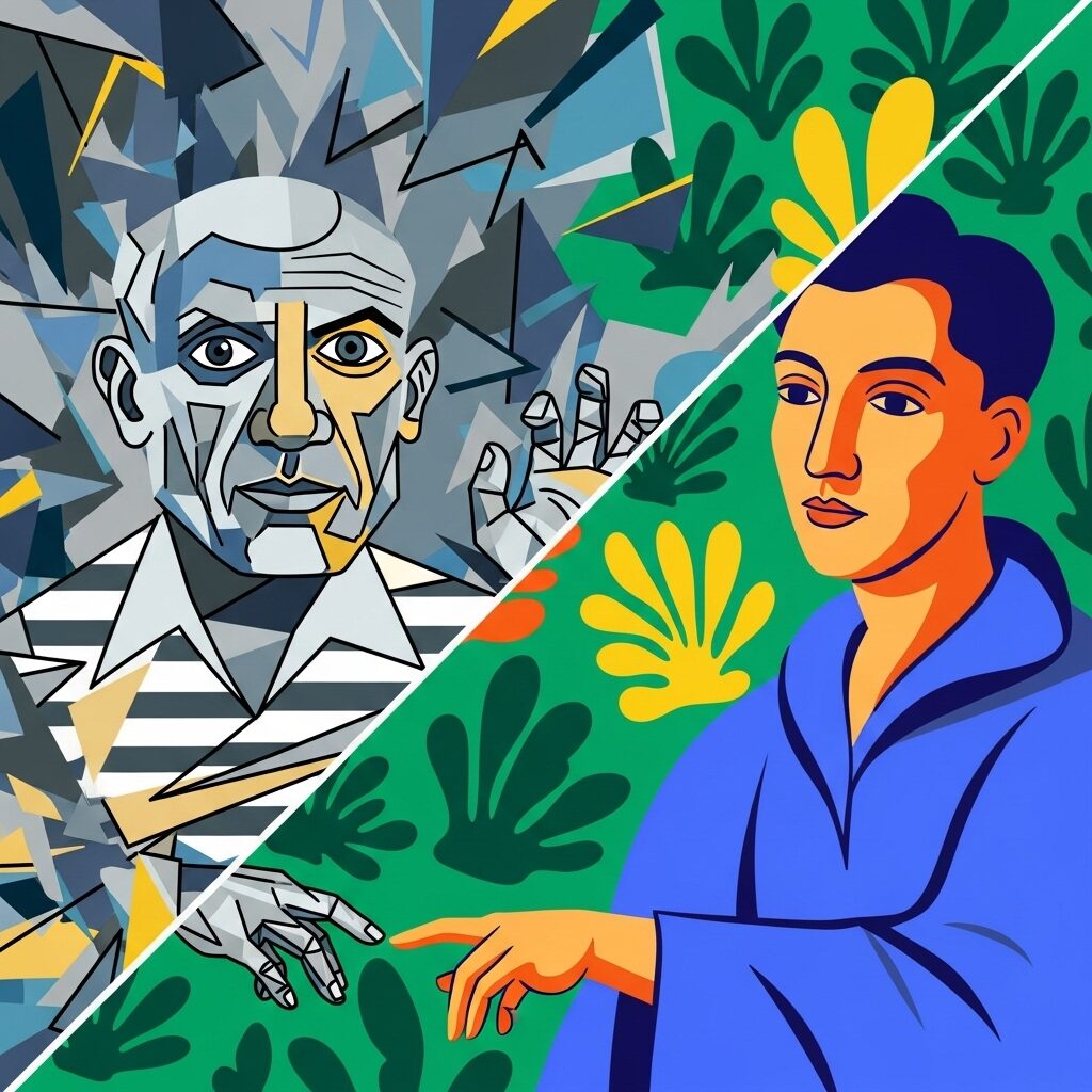 A split-screen image illustrating the artistic rivalry and friendship of Pablo Picasso and Henri Matisse, with Picasso in a Cubist style and Matisse in a Fauvist style.