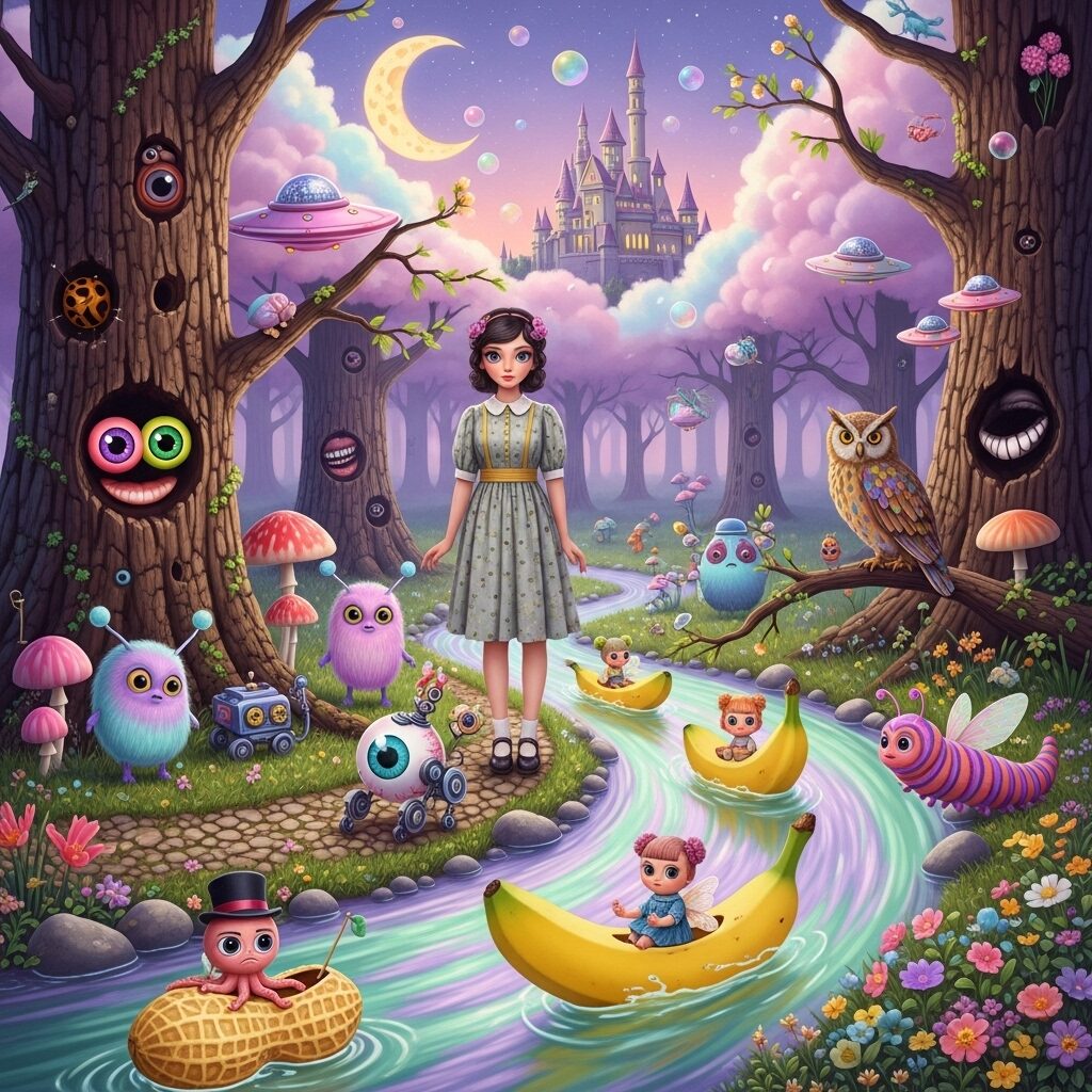 Exploring the Dreamscape: Your Definitive Guide to Surrealism Art 8 A whimsical pop surrealism illustration of a girl in a forest with fantastical creatures and pop culture elements.