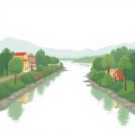 river view flat vector minimal details solid colors white background