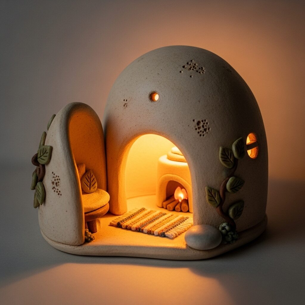 The Grounding Nature of Tactile Arts: Sculpting and Clay Work for Mental Wellness 5 Small clay sculpture of a cozy, protective safe space, illustrating a tangible anchor for security and calm in art therapy.