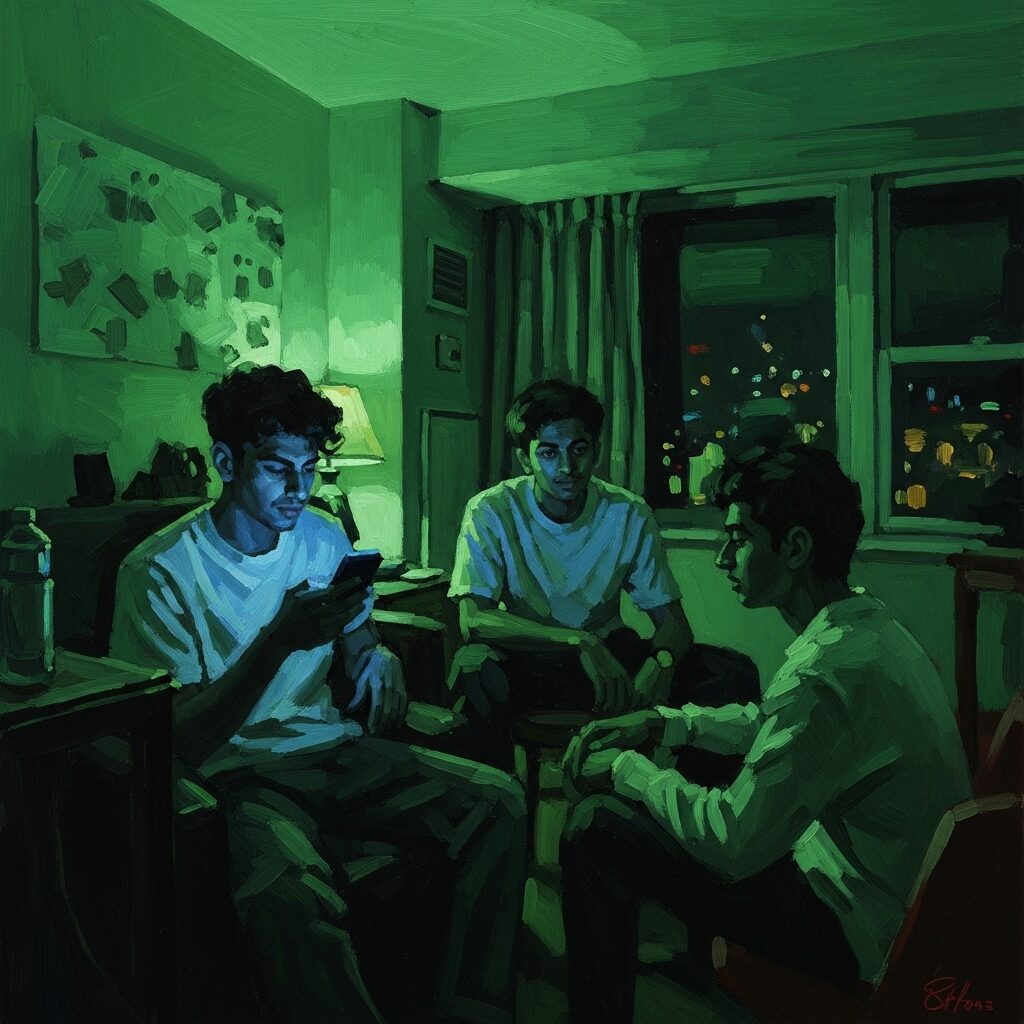 8 Modern Impressionist Artists You Need to Know 6 A figurative painting in the style of Salman Toor, depicting three young, South Asian men in a dimly lit, green-hued room, with expressive and fluid brushwork.