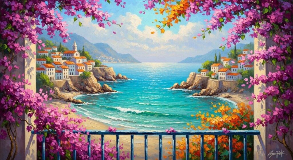 8 Modern Impressionist Artists You Need to Know 5 A vibrant and idealized painting of a European coastal village by the sea, in the "New Impressionism" style of Sam Park, featuring bright colors and fine details.