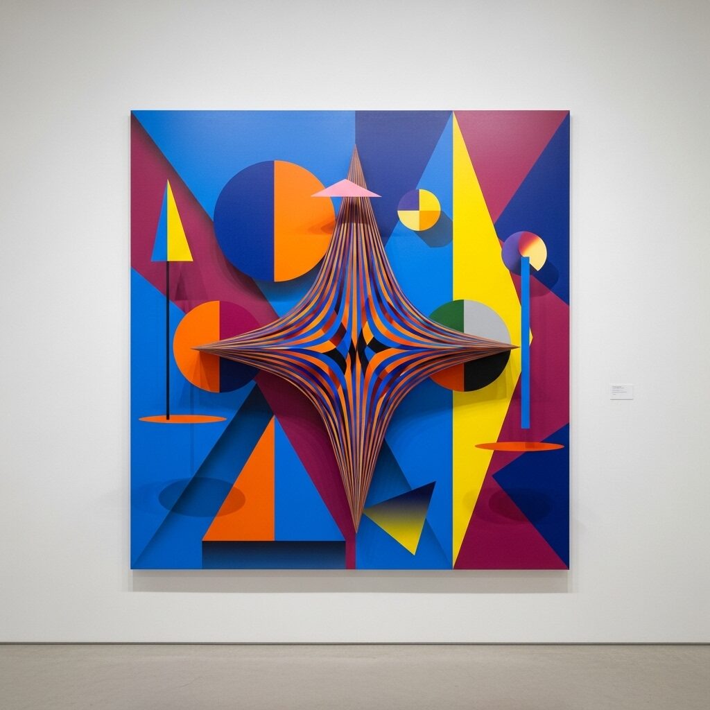 Large-scale geometric abstract painting by Sam Smyth featuring bold colors and precise geometric forms
