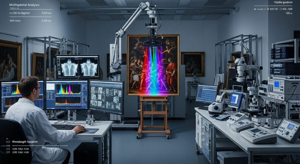 Famous Painting Secrets: Hidden Stories Behind History's Greatest Masterpieces 9 Modern art authentication laboratory with scientists using advanced imaging equipment to analyze classical paintings