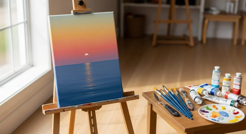 A finished painting of a smooth sunset gradient on a canvas, showcasing a successful acrylic blending technique.