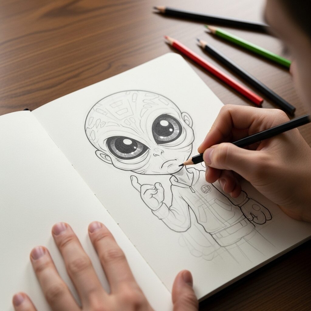 A close-up of an artist's hands sketching a whimsical graffiti art character in a notebook with pencils.