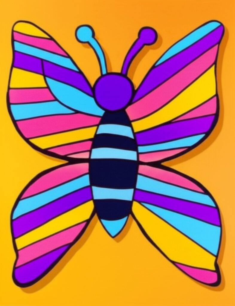Stylized, colorful butterfly drawing with bold lines and mixed media for beginners.