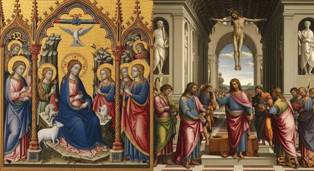 A comparison between symbolic medieval art and realistic Renaissance art, showing different approaches to creating paintings with deep meaning.