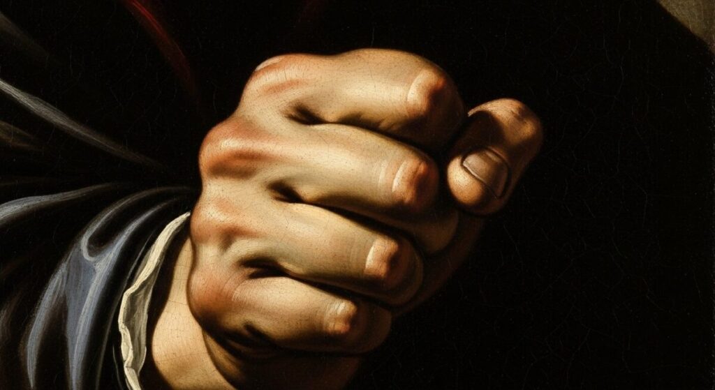 A close-up image of a Caravaggio painting, showing the dramatic use of light and shadow, and emphasizing how artistic skill contributes to the power of the work.