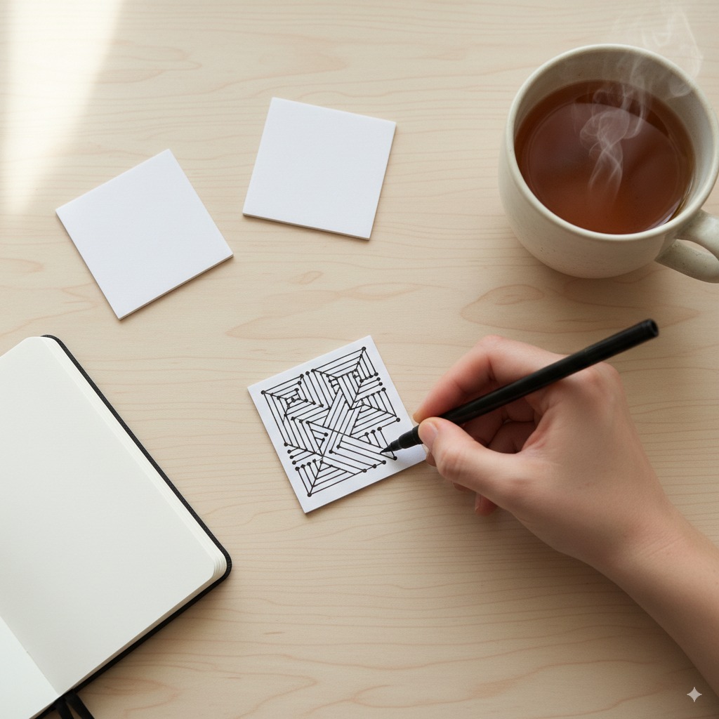 A close-up of a person's hand drawing a Zentangle pattern on a white paper tile with a black pen, surrounded by a few simple art supplies.