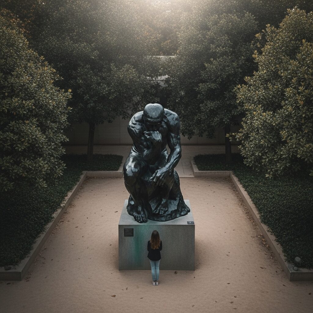 A person stands in awe before Rodin's sculpture "The Thinker," reflecting on how art challenges our perspective.