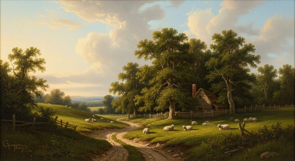 A wide, sweeping oil painting by Thomas Gainsborough showing a serene English countryside with a winding path and a distant cottage, illustrating his celebrated landscape style.