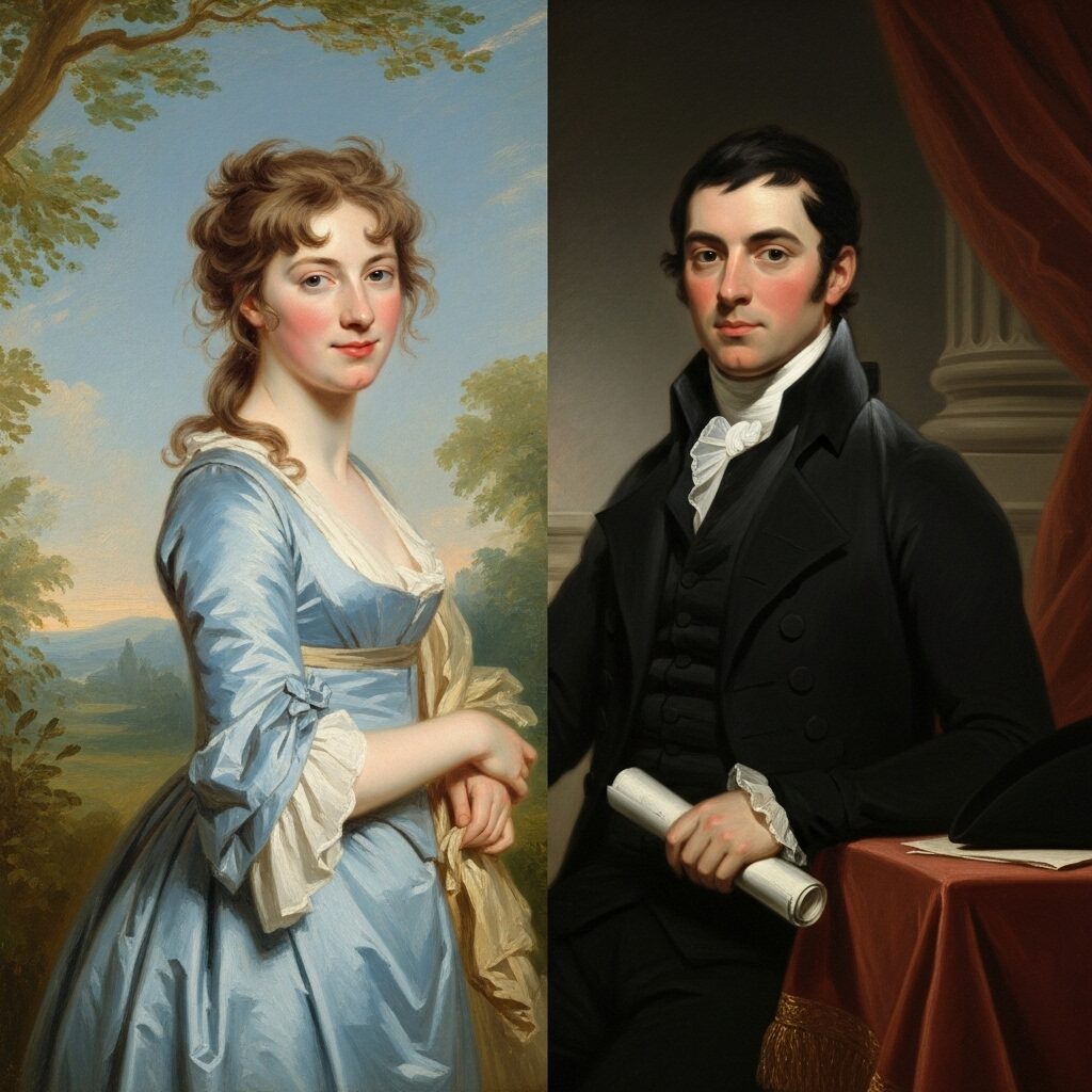 A split image showing a Thomas Gainsborough portrait on the left and a Sir Joshua Reynolds portrait on the right, highlighting their contrasting styles.