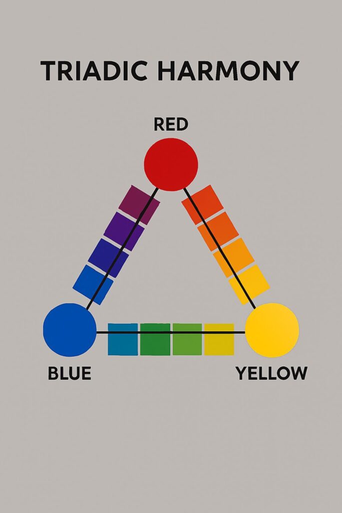 How to Master Color Harmony Mixing Easily: Your Complete Guide to Perfect Paint Colors 6 Triadic color harmony mixing chart showing primary colors red, yellow, blue for vibrant painting combinations