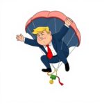 trump parachuting into wall street simple cartoon 2d bright colors white background