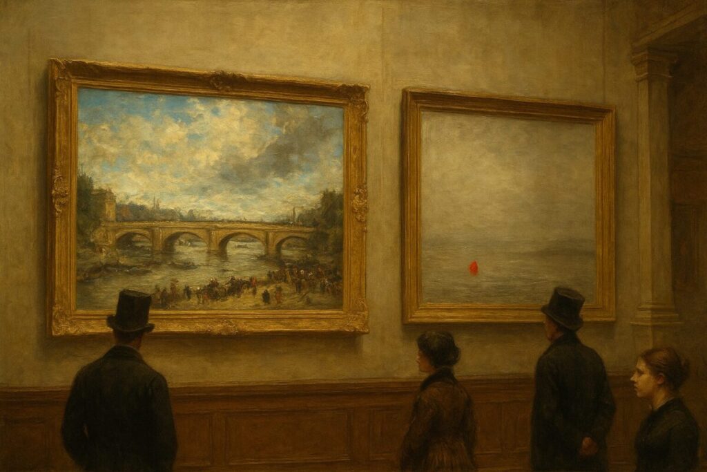 Constable v Turner: The Epic Rivalry That Changed British Art Forever 6 A recreation of the 1832 Royal Academy exhibition, showing Constable's vibrant The Opening of Waterloo Bridge next to Turner's monochromatic Helvoetsluys. A small but bright red buoy is visible on Turner's painting, illustrating the famous "red blob" incident.