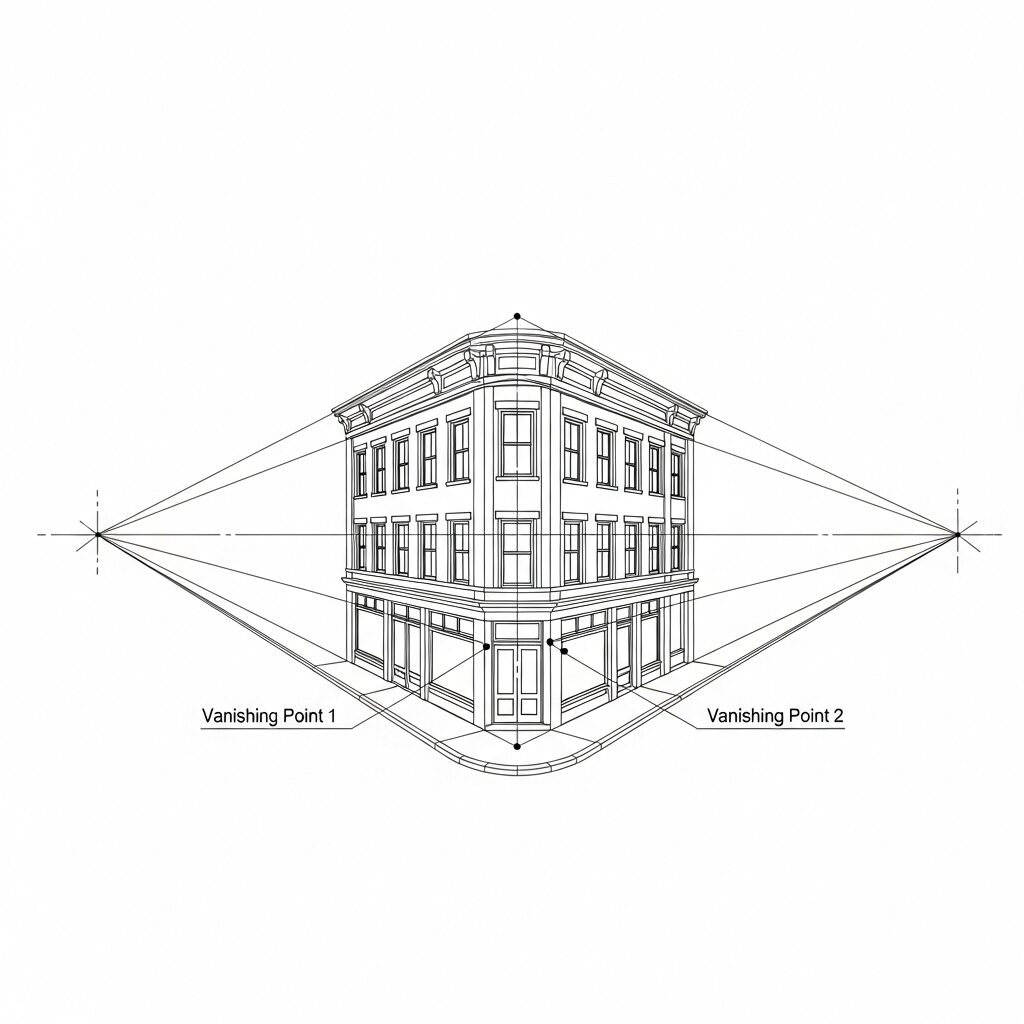 Mastering Perspective: A Beginner's Guide with a Fun Web Tool 5 A line drawing of a building on a street corner using two-point perspective.