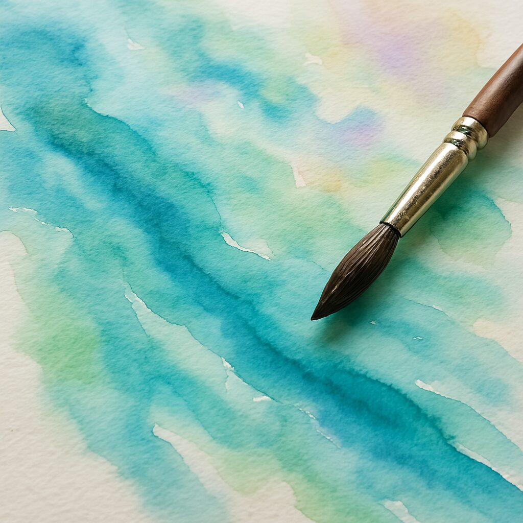 Mindful Art Forms for Stress Relief: Evidence-Based Techniques for Relaxation and Well-being 6 Soft watercolor paint brushstrokes in calming blue and green colors flowing across textured watercolor paper showing wet-on-wet painting technique for stress relief