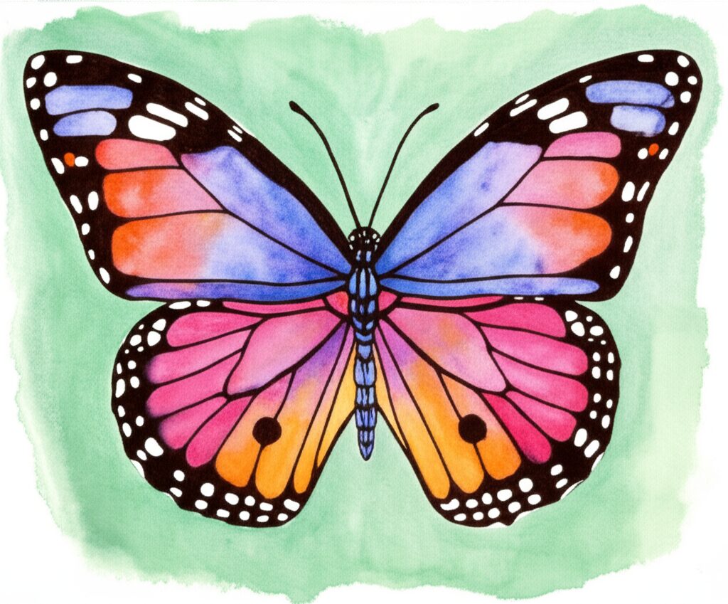 Vibrant watercolor butterfly painting featuring blended colors and intricate wing patterns.