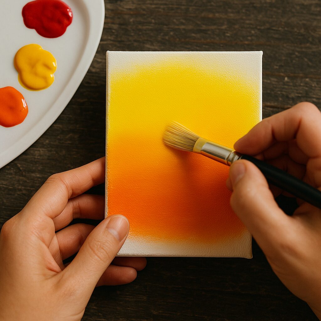 How to Blend Acrylic Paint on Canvas for Beginners: A Simple Guide 5 How to Blend Acrylic Paint on Canvas for Beginners: An artist demonstrates the wet-on-wet technique, blending yellow and orange acrylic paint on a canvas with a soft brush.