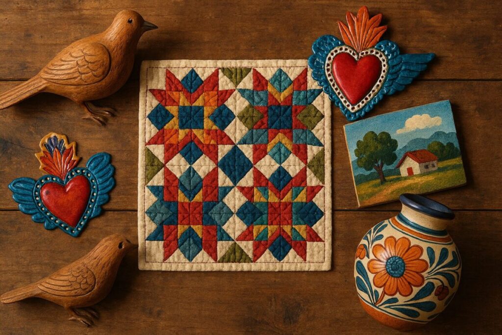 What is Folk Art? A collection of colorful folk art, including a quilt, wood carving, and pottery, on a rustic table.