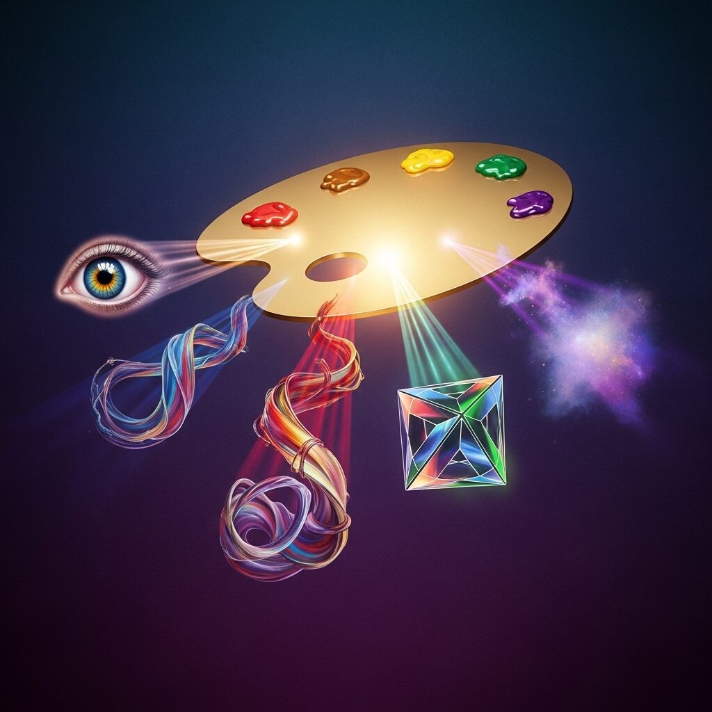 An abstract image of a glowing golden paint palette emitting four distinct beams of light, each symbolizing a key quality of great art: technical skill, innovation, emotional impact, and historical influence.