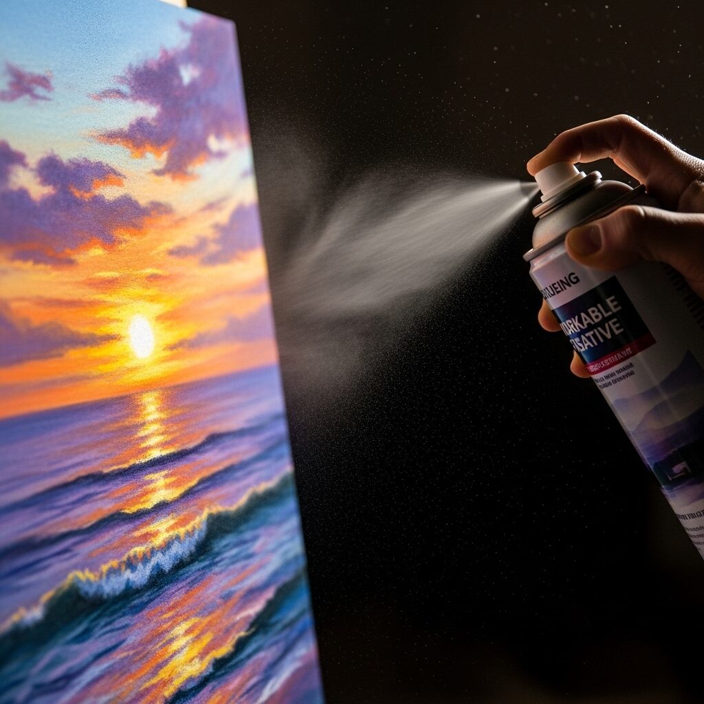 Unlock Your Art's Potential: Pastel Layering Techniques for Beginners 6 A can of workable fixative being sprayed from a distance onto a nearly complete pastel painting of a seascape to prepare it for final details.
