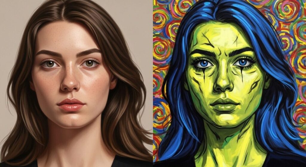 Expressionist Painting Techniques for Beginners: Side-by-side comparison of realistic portrait versus expressionist portrait showing distorted colors and emotional brushwork