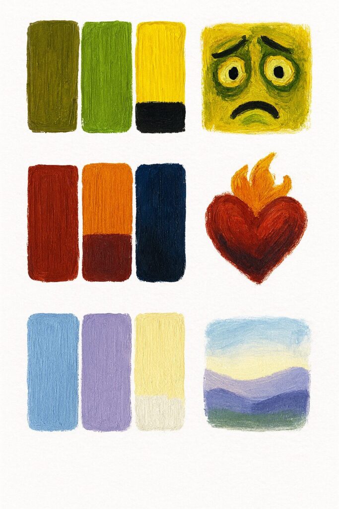 Three color palette strips showing expressionist color combinations for different emotions with painted examples