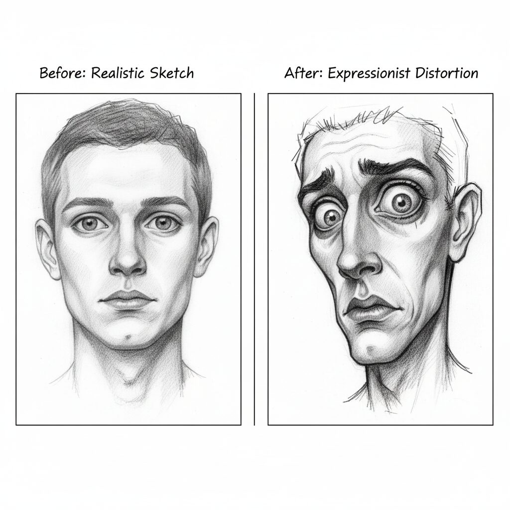 Before and after comparison showing how realistic portrait features can be distorted using expressionist techniques