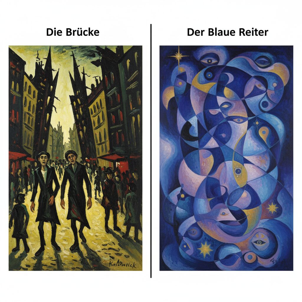 Comparison of Die Brücke and Der Blaue Reiter expressionist painting styles showing different approaches to emotional art