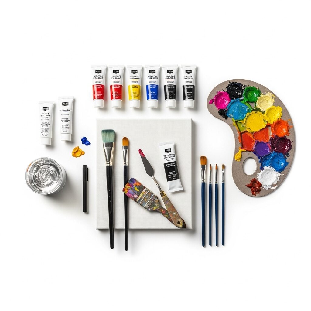 Essential art supplies needed for expressionist painting techniques including paints, brushes, and texture mediums