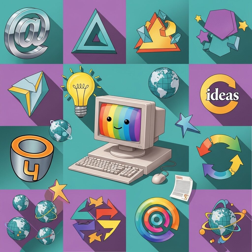 From Office Clipboards to Canvas: How Clip Art Became Fine Art 5 Collection of 1990s Y2K aesthetic clip art featuring rainbow gradients, cartoon computers, geometric shapes, and chrome effects typical of early digital design