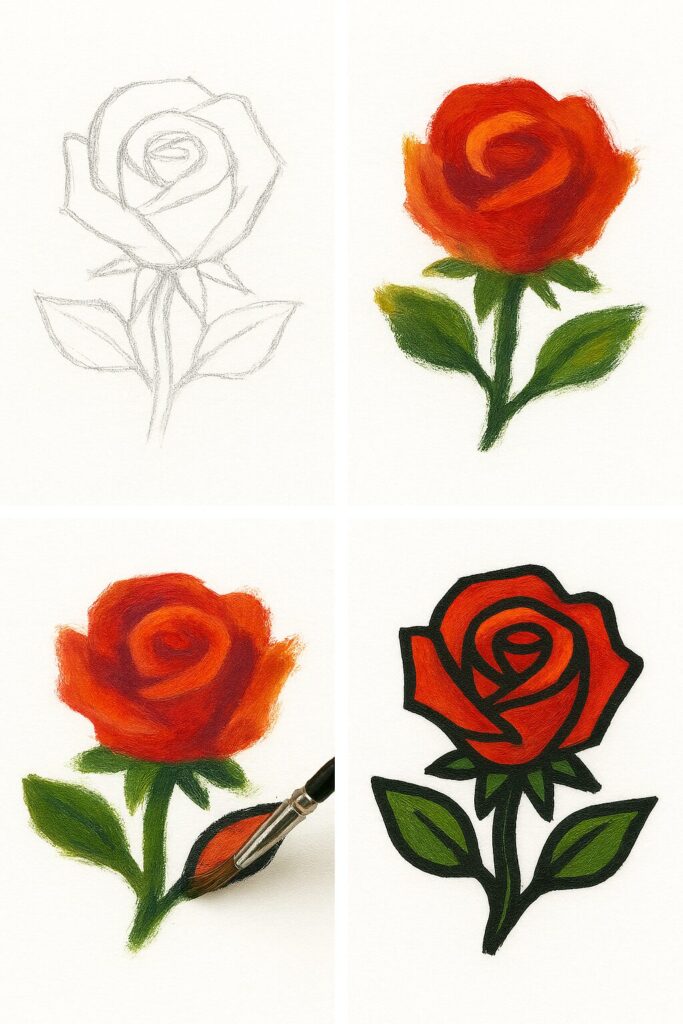 Four-step tutorial showing how to transform a simple sketch into expressionist art using bold outline techniques