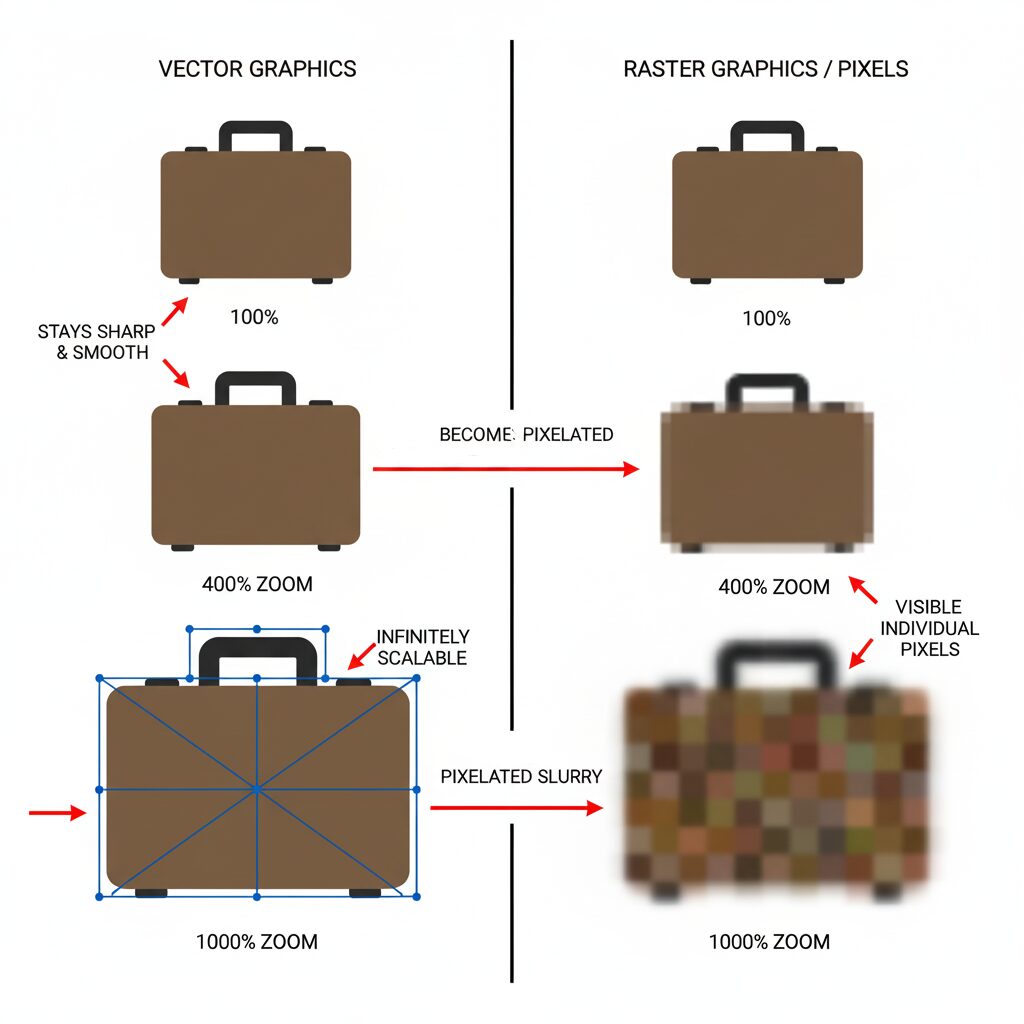 From Office Clipboards to Canvas: How Clip Art Became Fine Art 4 Educational diagram comparing vector clip art that stays sharp when zoomed versus raster graphics that become pixelated, illustrating why clip art uses vector technology