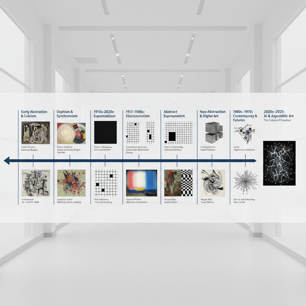 Timeline showing the evolution of abstract art from 1906 to 2025, with key artworks and movement transitions illustrated chronologically]