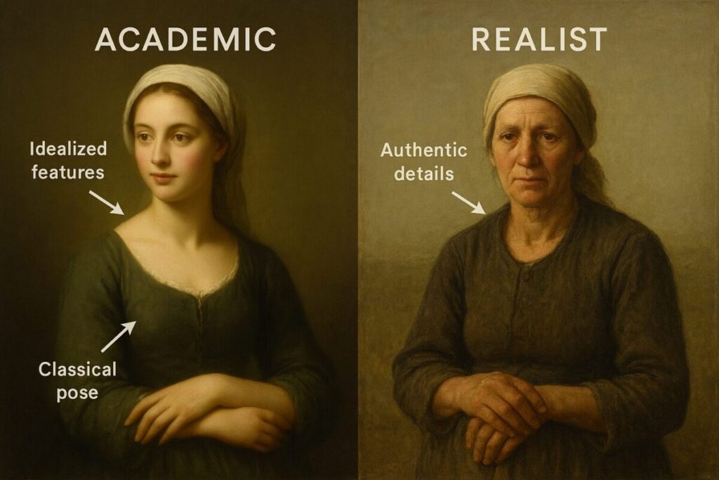 What is Realism Art? The Ultimate Guide to Understanding This Revolutionary Movement 10 Interactive comparison showing same subject painted in Academic idealized style versus authentic Realism Art style with labeled differences