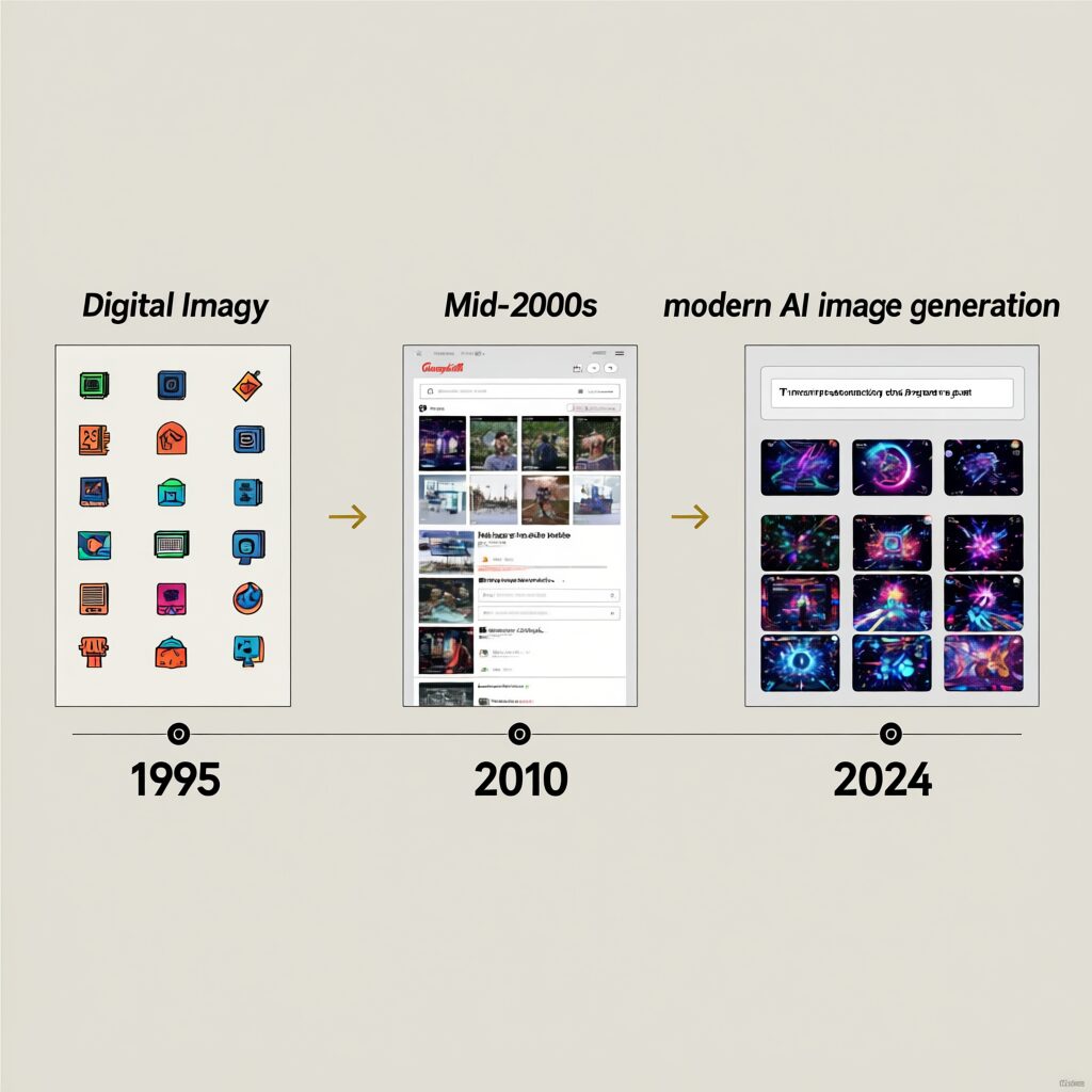 From Office Clipboards to Canvas: How Clip Art Became Fine Art 11 Evolution timeline showing progression from fixed 1990s clip art to stock photo libraries to modern AI-generated images with unlimited variations