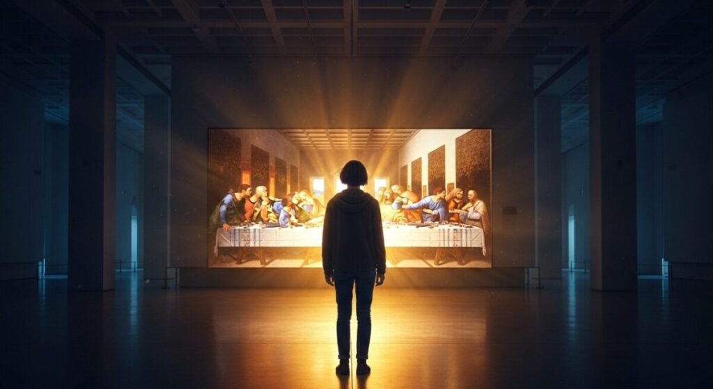 Amazing Paintings with Deep Meaning: Unlocking the Secrets of Art 3 A person stands in a dark gallery, captivated by the brightly lit painting of The Last Supper, exploring paintings with deep meaning.