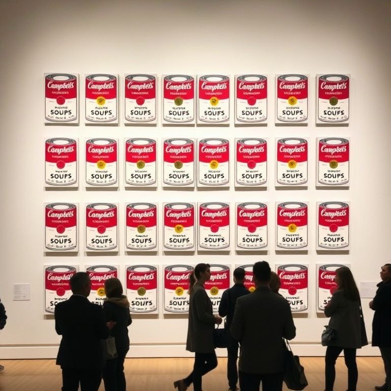 Andy Warhol Campbell's Soup Cans installation showing 32 silkscreen paintings arranged in grid formation in museum gallery