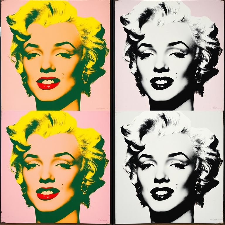 Detail of Andy Warhol's Marilyn Diptych showing repeated silkscreen images of Marilyn Monroe in color and black and white