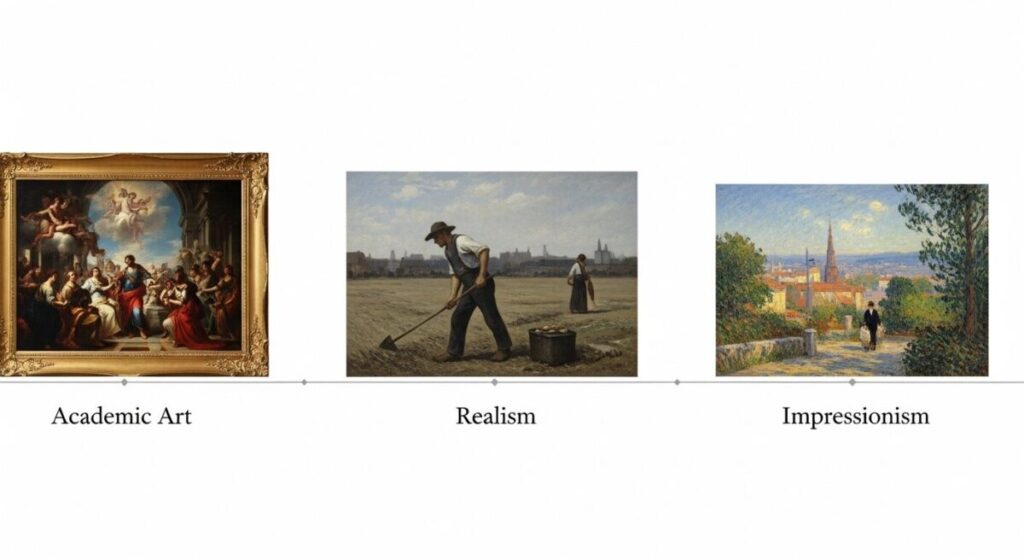 How to Identify Realism Art: Key Characteristics for Art Enthusiasts 8 A visual timeline illustrating the historical progression of art movements, showcasing representative paintings from Academic art, followed by Realism art with its focus on ordinary subjects, and finally Impressionism, characterized by light and visible brushstrokes.