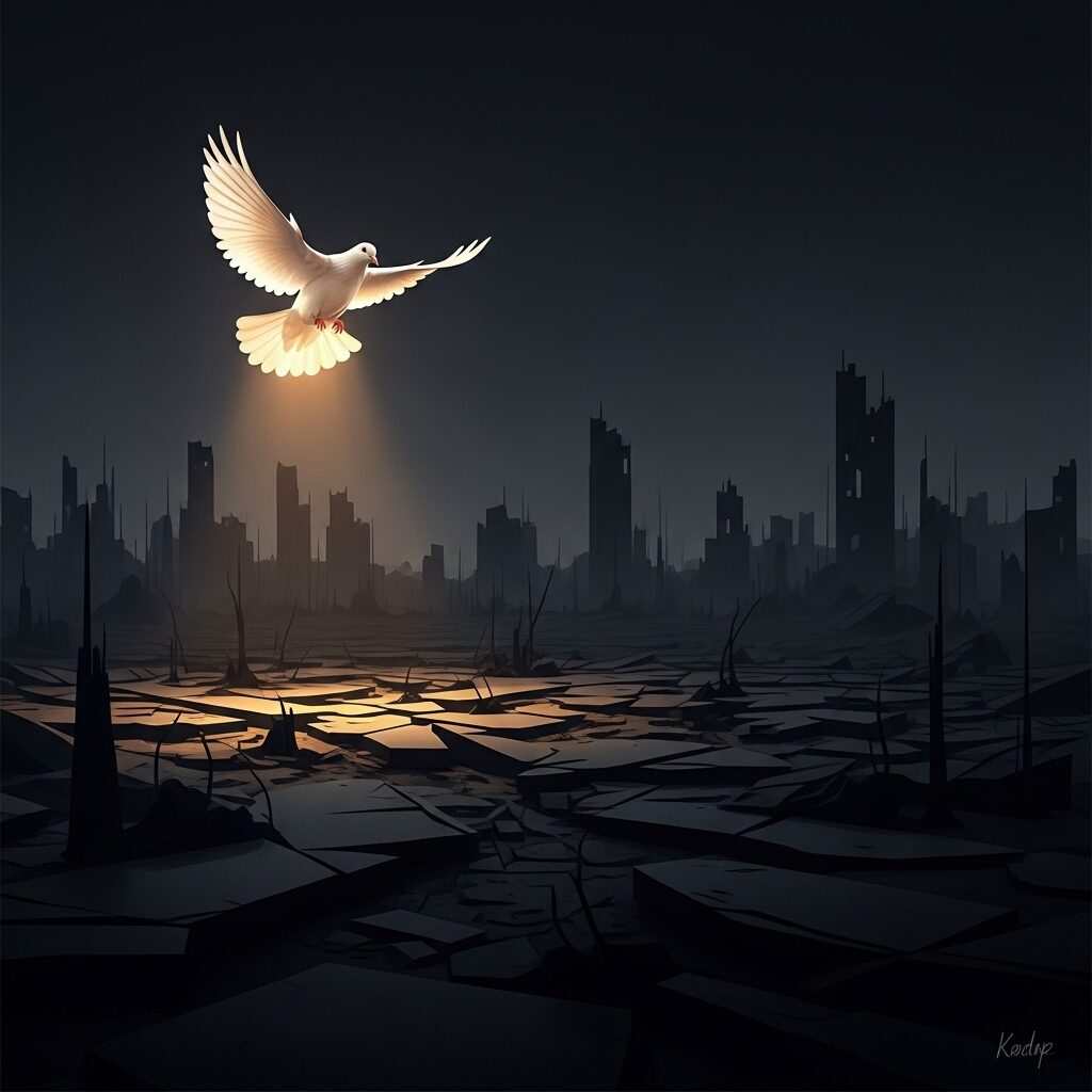 Amazing Paintings with Deep Meaning: Unlocking the Secrets of Art 7 A single dove illuminated by a warm glow flies over a dark, abstract landscape of broken shapes, symbolizing peace and hope in art.
