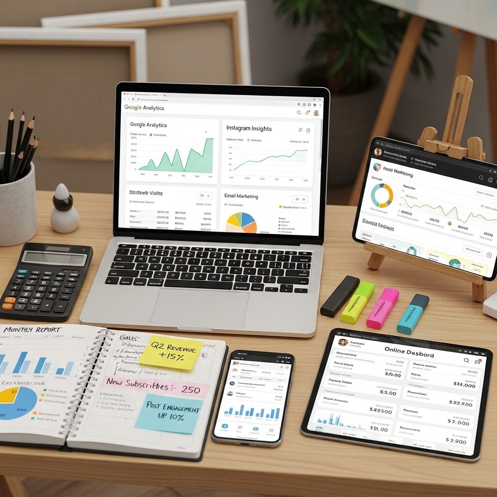 Cracking the Code: How to Achieve Modern Painter Recognition in Today's Art World 8 Artist reviewing career progress analytics on laptop showing social media growth charts, website traffic, and sales data for tracking modern painter recognition success