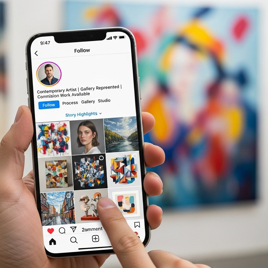 Cracking the Code: How to Achieve Modern Painter Recognition in Today's Art World 5 Close-up of smartphone displaying professional artist Instagram profile with follow button highlighted, showing social media strategy for modern painter recognition and online art marketing