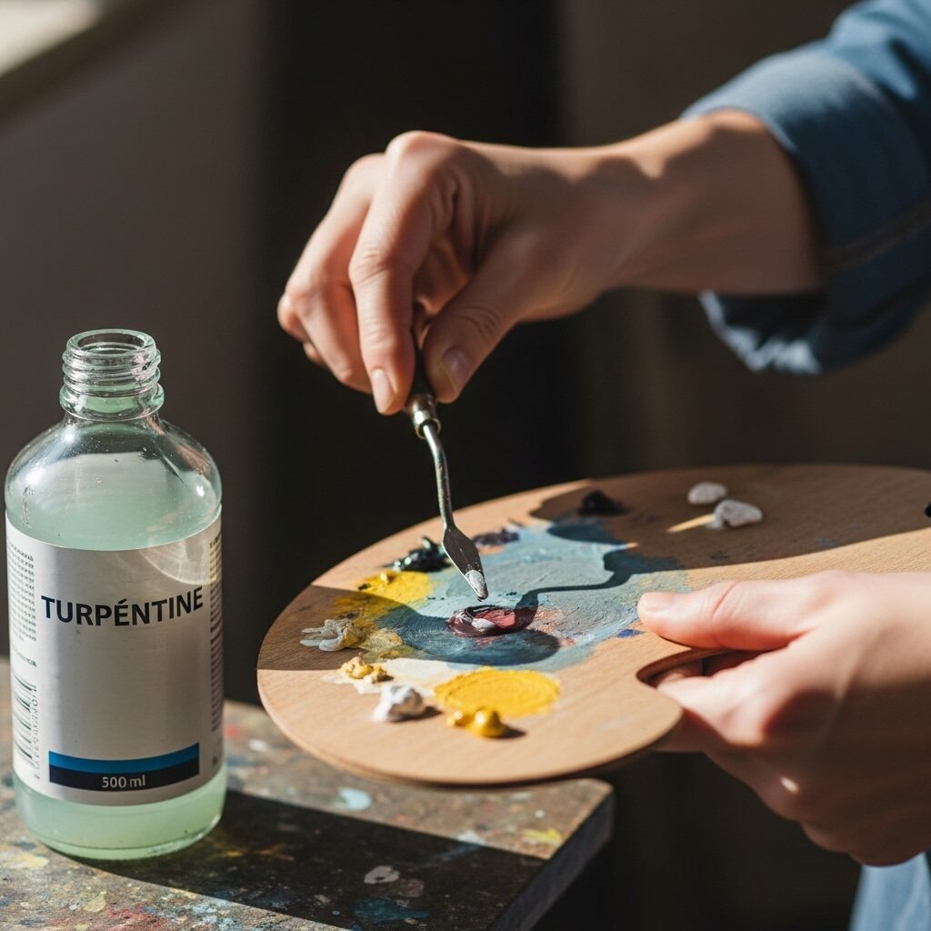 The 3 Rules of Oil Painting: A Foundation for Lasting Art 8 An artist's hands thinning a small amount of oil paint with turpentine on a palette to create a lean mixture for the initial layers of a painting.