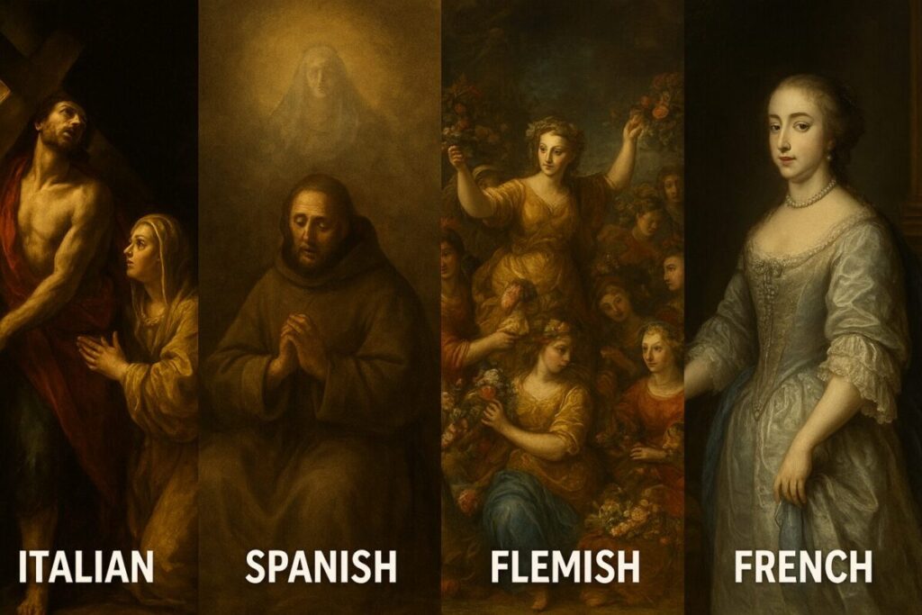 The Baroque Movement in Art: A Complete Guide to Drama, Grandeur, and Revolutionary Creativity 5 Comparison of regional Baroque art styles showing differences between Italian, Spanish, Flemish, and French approaches to baroque painting and aesthetics
