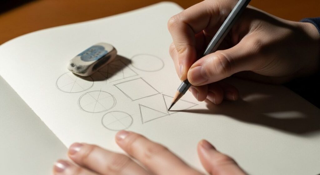 How to Draw Easy Subjects: A person's hands holding a pencil, sketching simple shapes in a sketchbook, with an eraser nearby, symbolizing the start of a beginner's drawing journey with easy subjects.